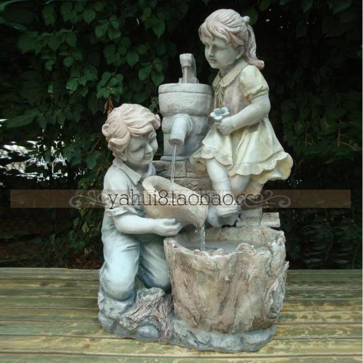 欧式花园别墅庭院 落地流水摆件情侣喷泉男女孩工艺品雕塑小摆件