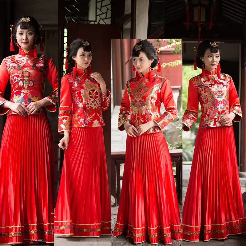 新娘敬酒服秋冬旗袍裙2015新款旗袍长款中式改良红色结婚礼服女