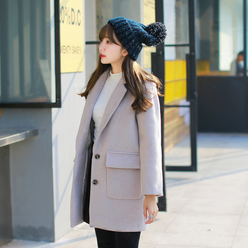2015新款韩版女装 立体口袋设计简约百搭显瘦纯色毛呢外套包邮女