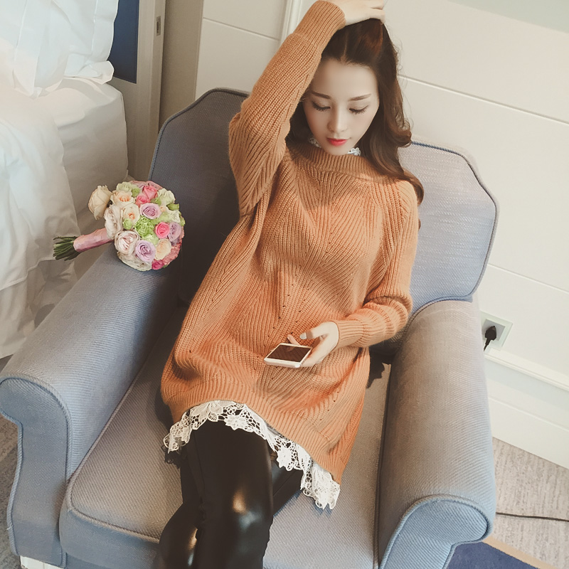 魔衣宝贝2015冬季新款女 韩版时尚百搭蕾丝拼接假两件兔毛毛衣
