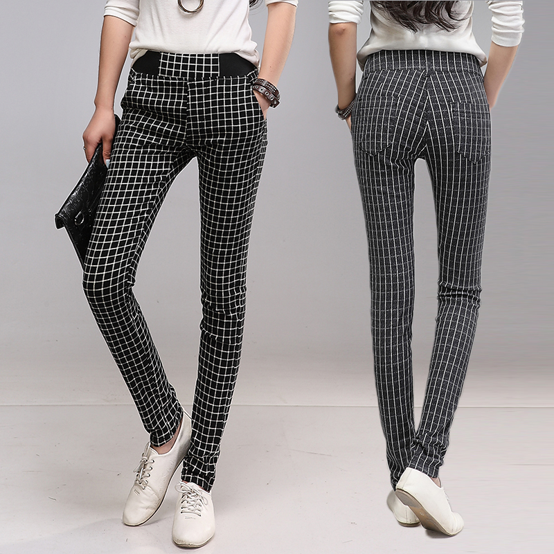 2015新款韩版OL黑灰条纹格子弹力显瘦打底裤 外穿秋薄长裤女