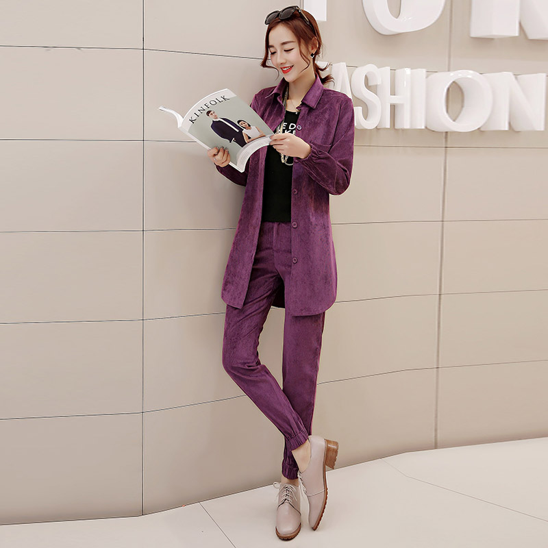 2016新款秋季韩版女时尚简约长袖中长款高腰小脚裤两件套女款套装