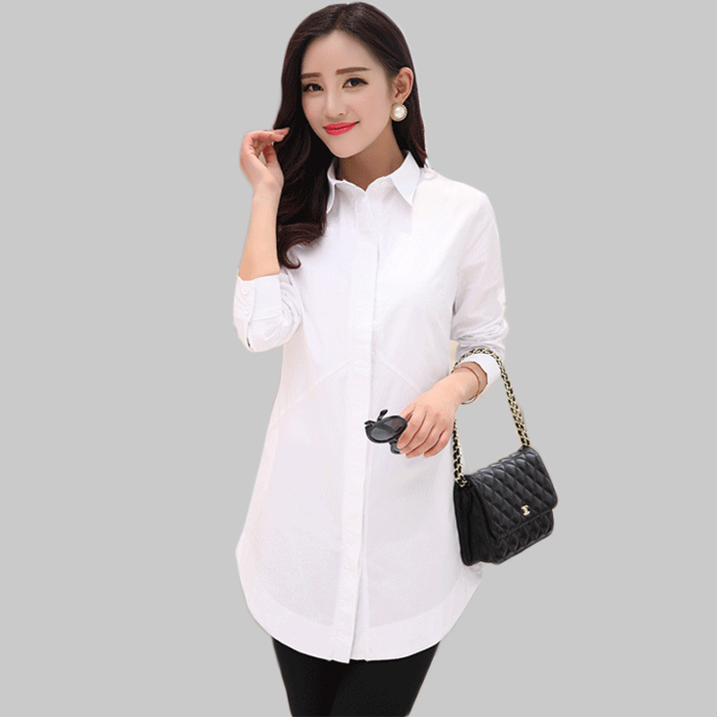 2016秋季韩版修身显瘦OL职业中长款纯棉白色衬衫衣女装长袖上衣