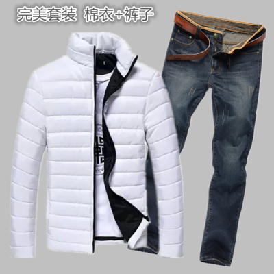 男装2015新款秋冬季棉衣男士羽绒外套配牛仔长裤一套装男冬天衣服