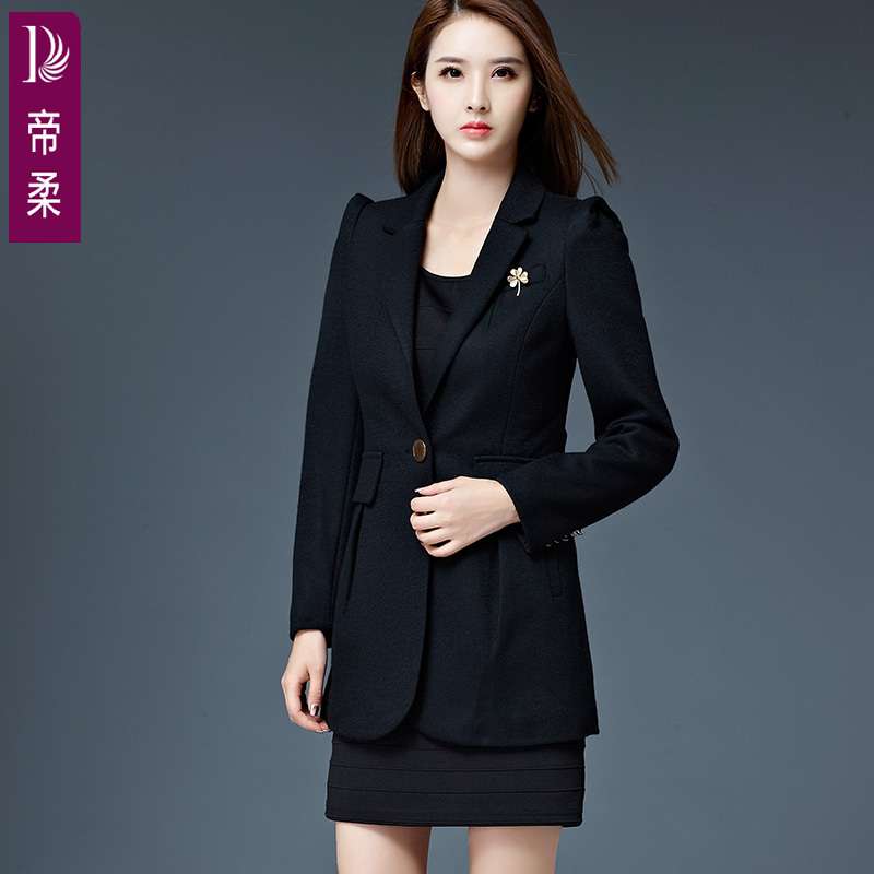帝柔品牌女装2016冬季新款韩版修身羊毛呢子西装泡泡袖一粒扣外套