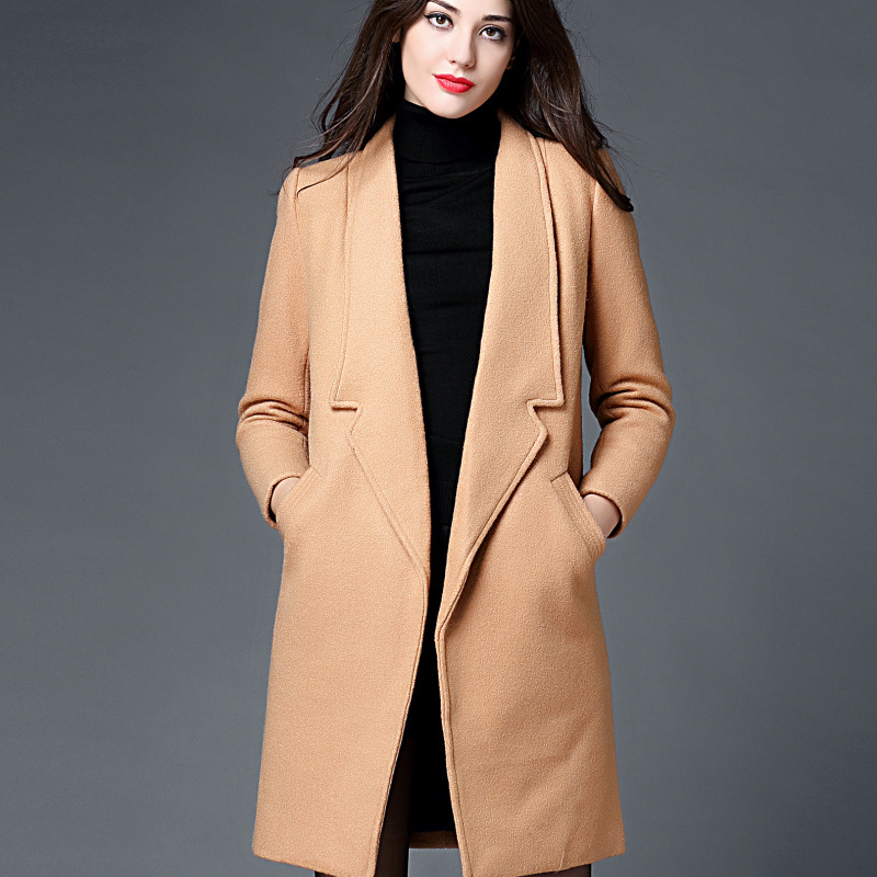2015冬季新款欧美女装外套显瘦OL气质长袖加厚毛昵长款大衣骆色