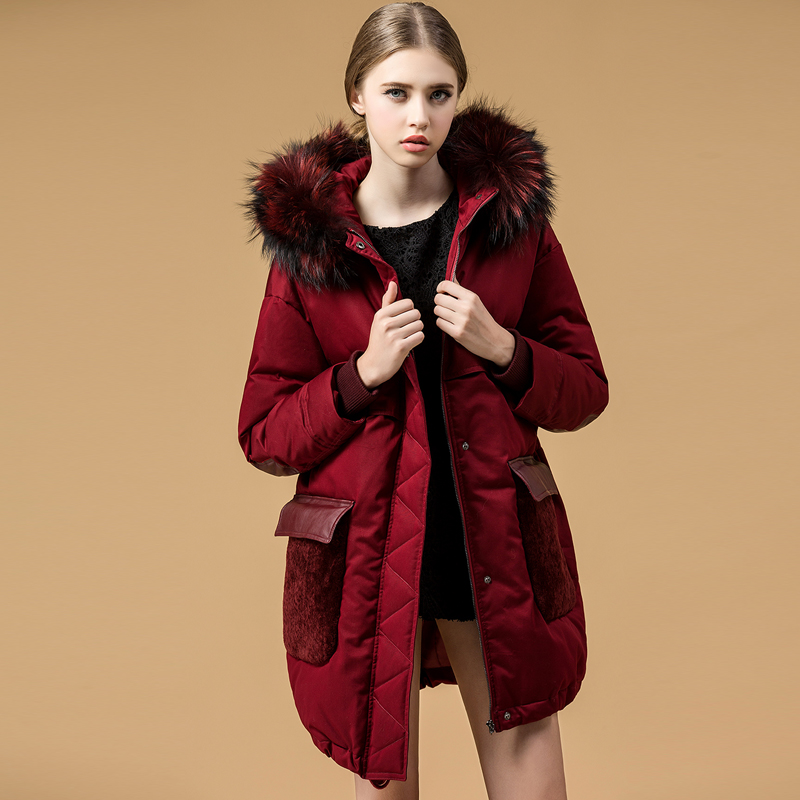 2015韩版冬装新款大毛领大口袋廓形宽松休闲羽绒服中长款大码女装