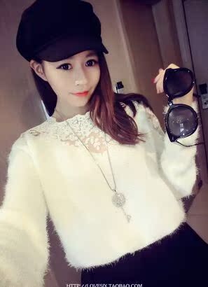 2015女装秋装新款韩版百搭长毛蕾丝拼接长袖上衣打底衫毛衣针织衫