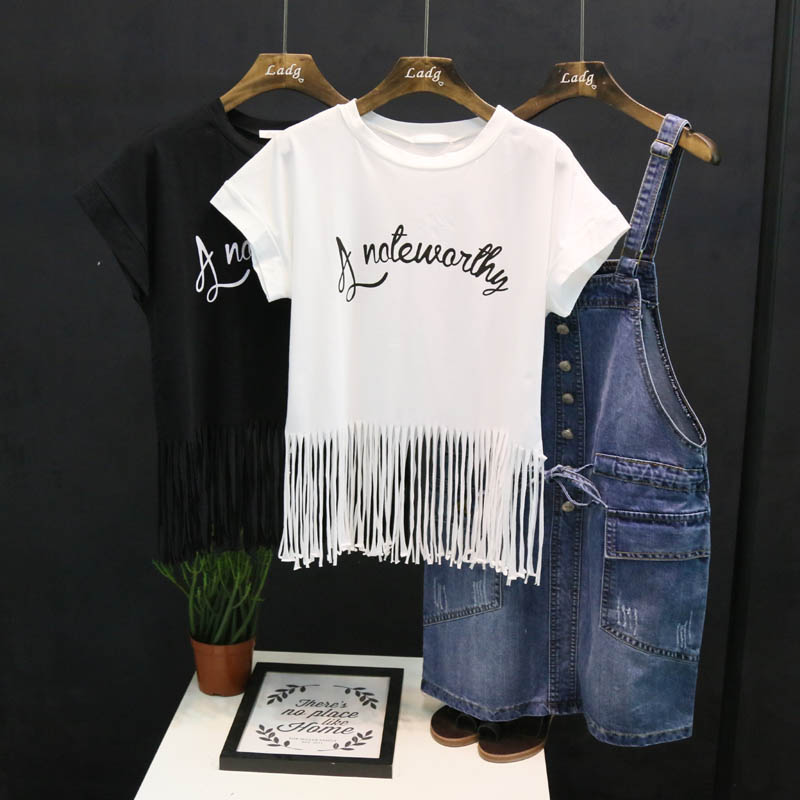 2015夏装新款韩版圆领短袖连笔字母印花流苏短款t恤衫