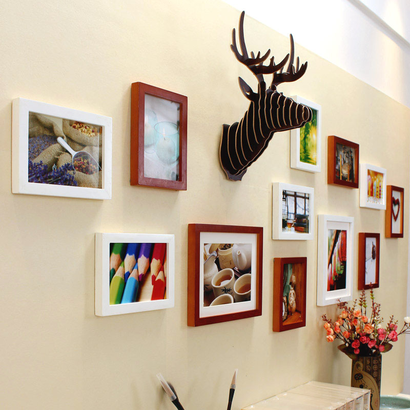 简约现代立体客厅卧室墙饰鹿头实木大相框创意照片墙/相框墙组合