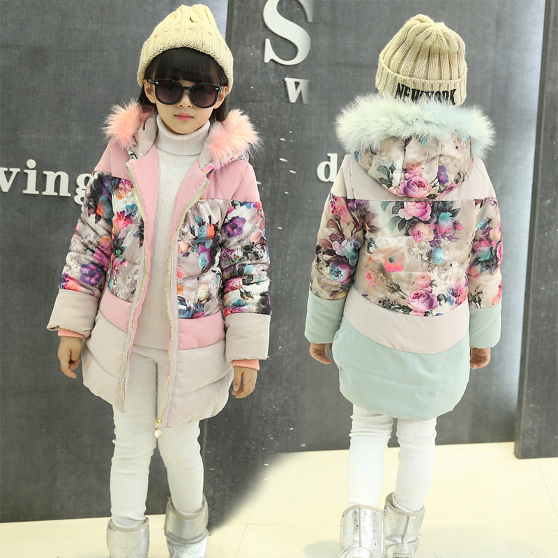 2015新韩版童棉衣女童冬长款外套中大儿童鲜花棉服连帽加厚毛
