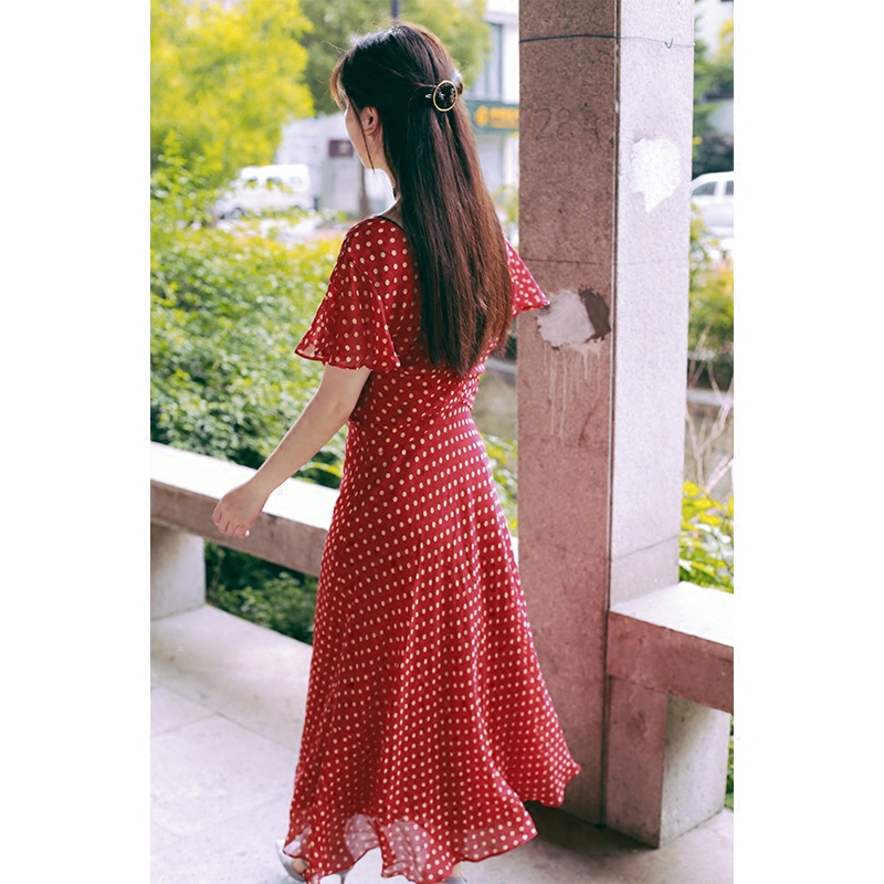 复古红色波点 短袖高腰连衣裙女夏季新款自制原创大摆长裙vintage