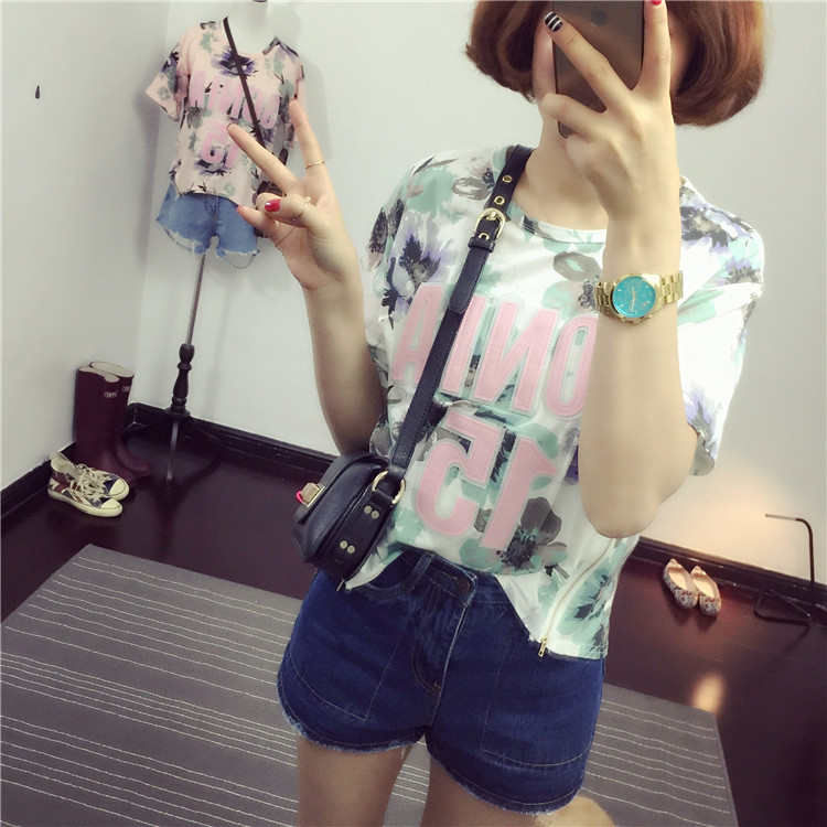 韩国代购2015春夏新款休闲宽松字母贴布T恤扎染花朵女短袖上衣