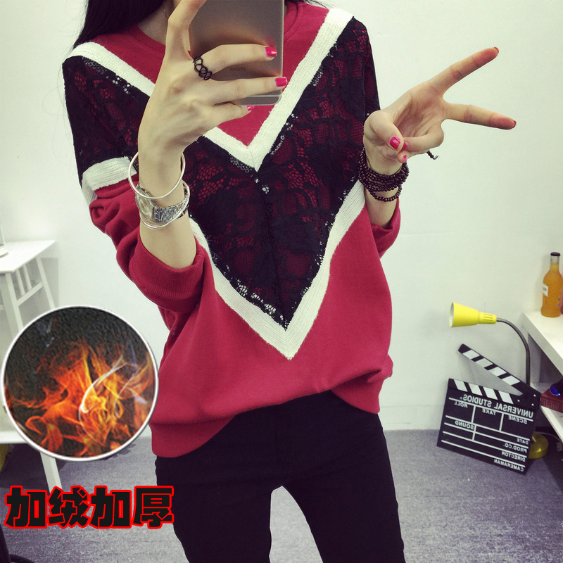 韩版2015秋装新款女装圆领长袖蕾丝拼接宽松卫衣加绒T恤