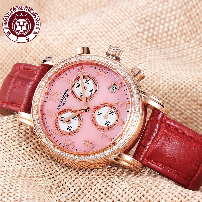 新款时尚女表大表盘女士韩版腕表女6针水钻玫瑰金时装石英手表