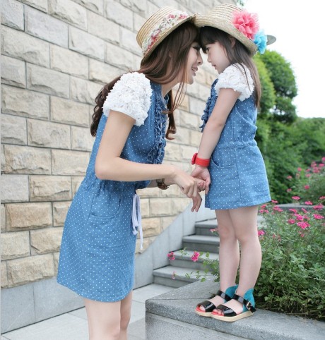 2015 韩版女 童装  蕾丝绣花袖 牛仔 连衣裙 母女 亲子装 春秋夏