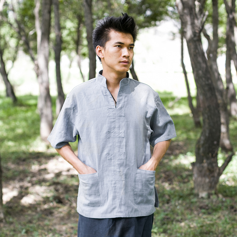 云裳记男装夏 亚麻短袖衬衫中国风中式立领衬衣机轧衣大码衬衫