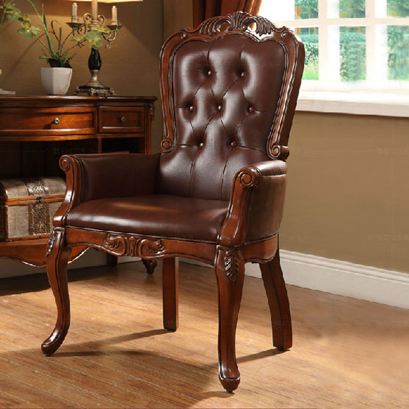 美之家具 欧美式纯实木雕刻书休闲椅 美式书椅实木写字椅真皮椅
