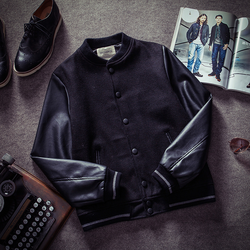 2015秋季男装PU皮袖拼接后背刺绣修身款黑色夹克男外套日系