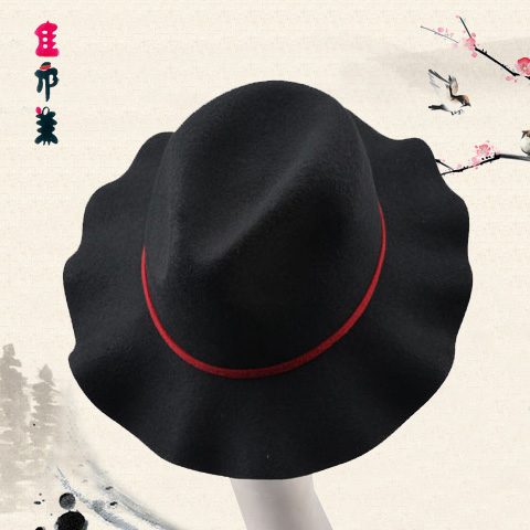韩版荷叶边羊毛毡帽女士优雅爵士帽大沿礼帽宽边帽纯黑红色出游帽