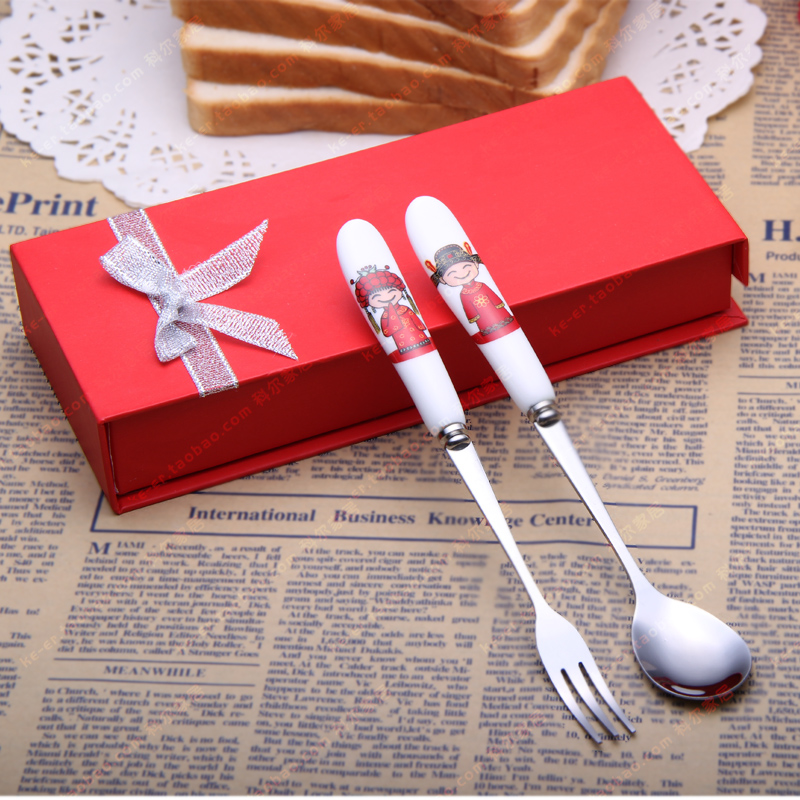 新郞新娘不锈钢餐具便携餐具旅行陶瓷勺子叉子套装礼盒装餐具套装