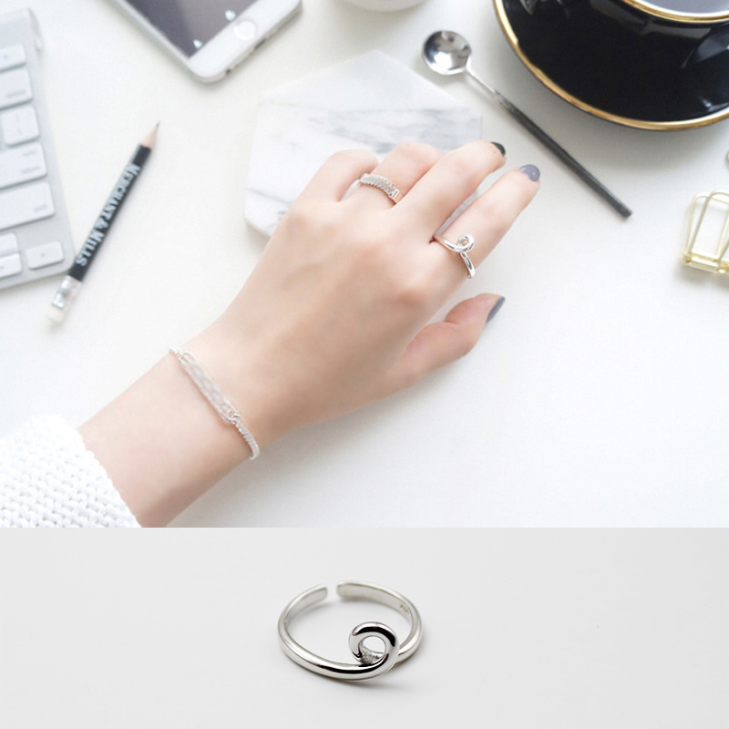 韩国韩版S925纯银极简个性线条创意丝带结开口戒指指环戒子女