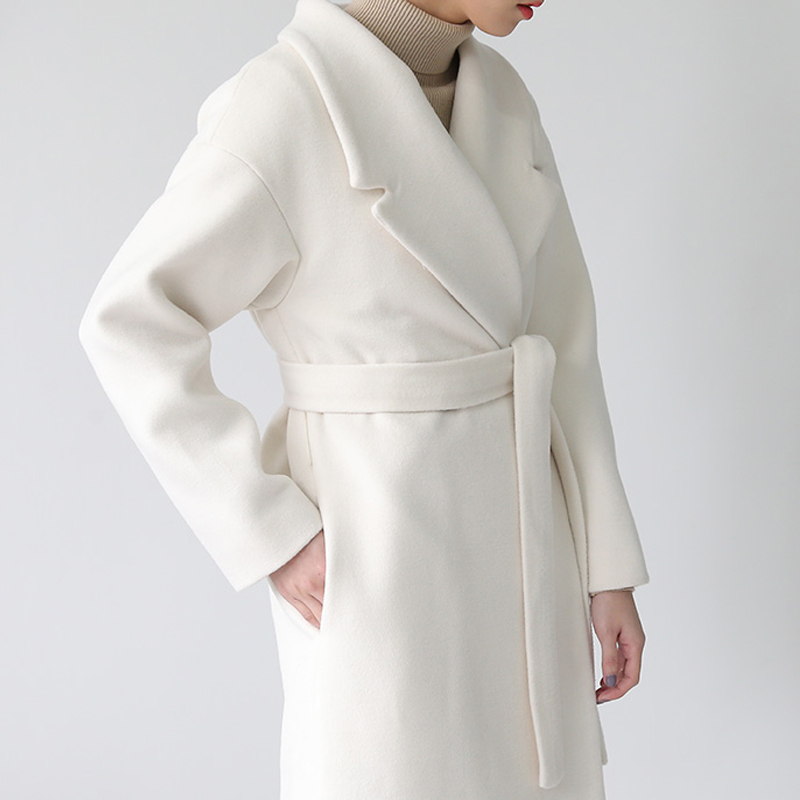冬季新款超厚夹棉温暖毛呢外套加厚加长翻领系带羊毛呢大衣外套女