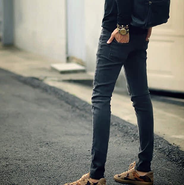 2016新品韩版男装修身小脚裤男士紧身深灰色牛仔裤显瘦弹力铅笔裤