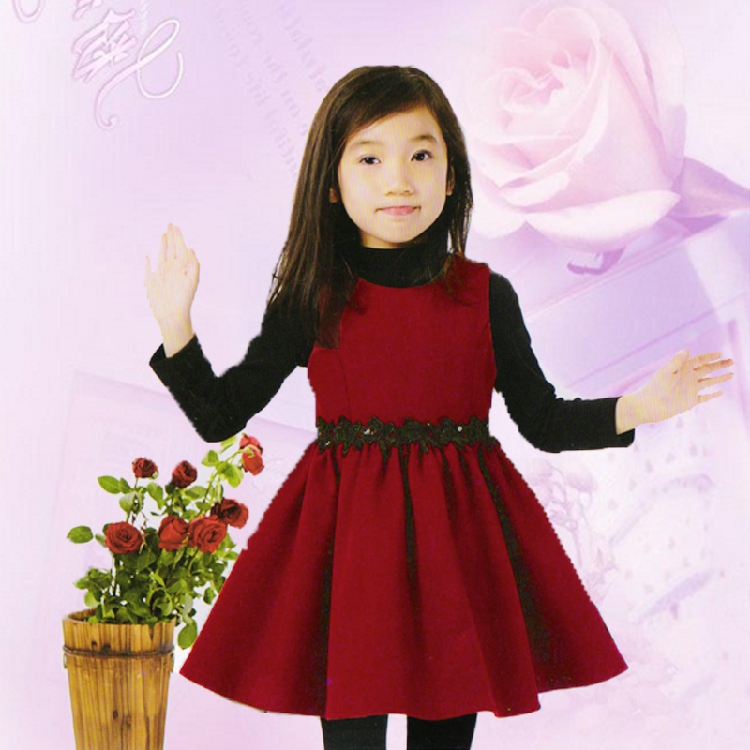 儿童冬裙女童呢子背心连衣裙红色新年裙毛呢中大童冬季加厚保暖