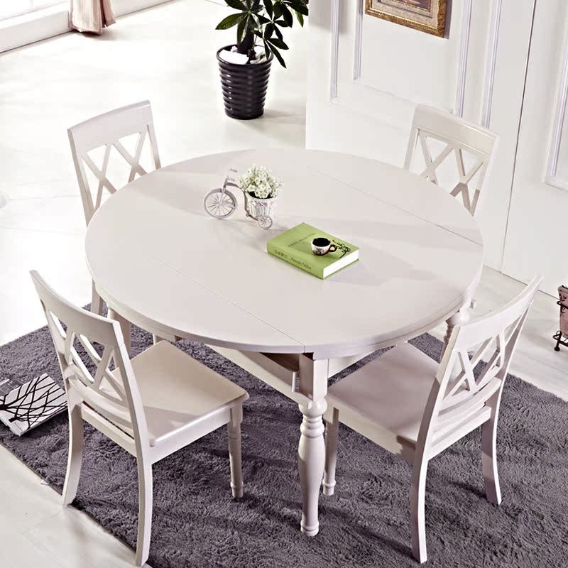 美式乡村折叠餐桌地中海可伸缩圆桌实木餐桌椅组合白色推拉小户型