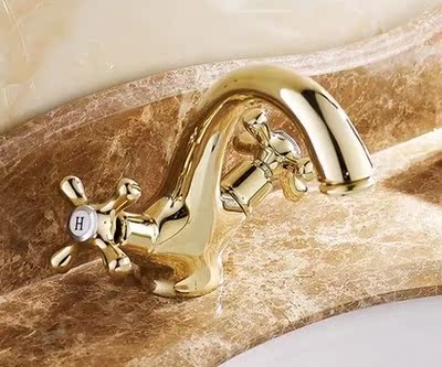 欧式水龙头金色龙头 全铜浴室美式冷热双把台盆面盆 镀金仿古龙头