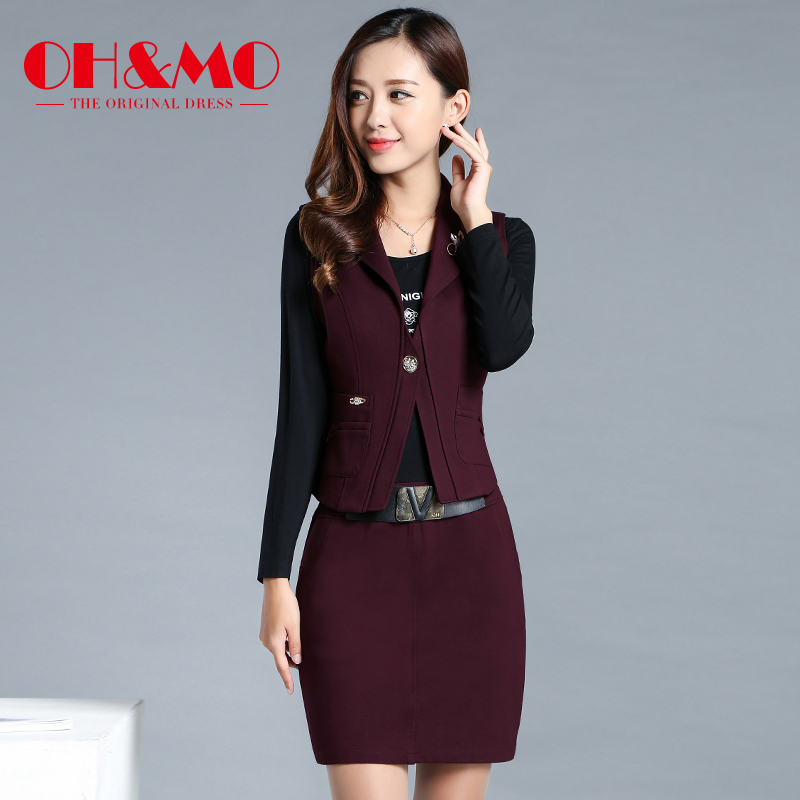 OH&MO2016秋装新款韩版修身马甲上衣时尚包臀裙两件套连衣裙套装