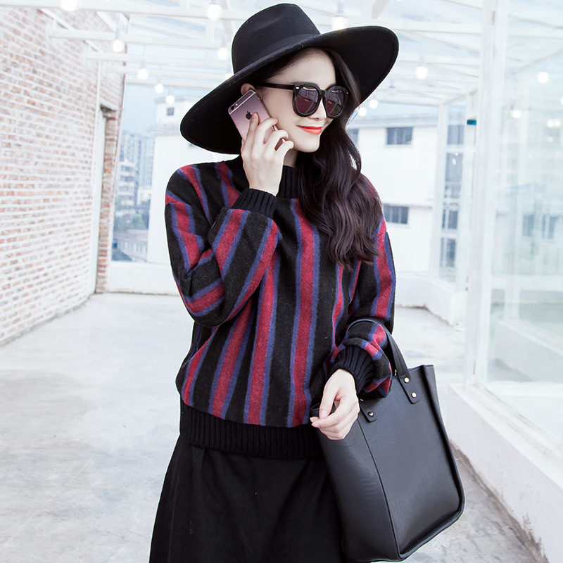 2015秋冬季新款品牌韩版女装竖条纹圆领套头长袖卫衣女上衣批发