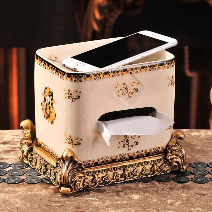 创意奢华客厅办公桌陶瓷多功能纸巾盒描金手绘冰裂瓷抽纸盒搁手机