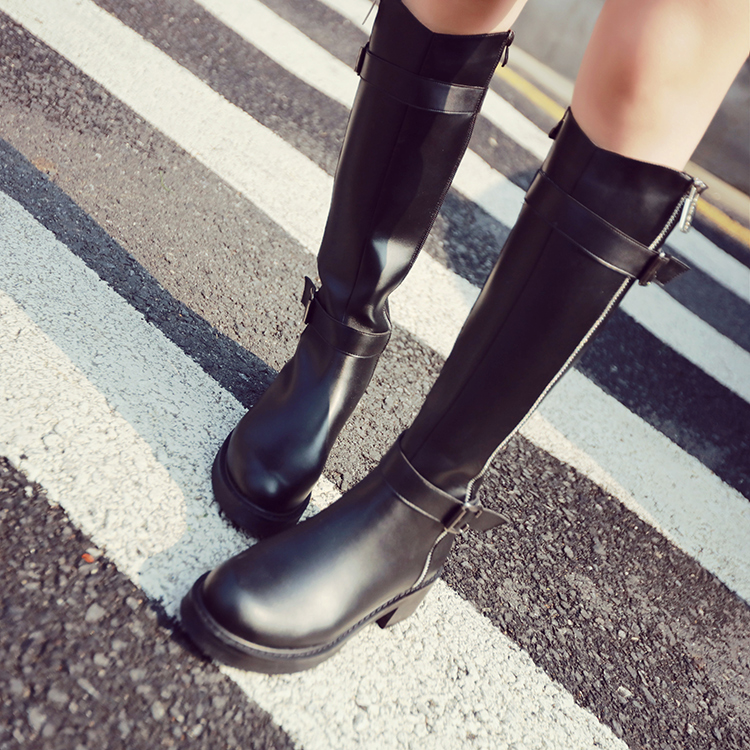 2015秋冬新款欧美高筒靴拉链长靴百搭机车女靴中跟粗跟加绒骑士靴