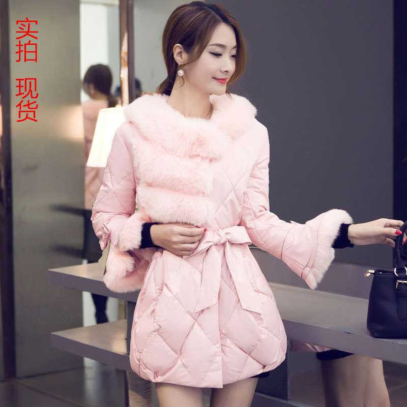 实拍2015冬季新款韩版女装PU皮修身中长款大毛领羽绒服外套