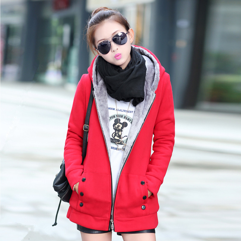 冬装新款加绒外套2015韩版少女学生大码开衫连帽中长款加厚卫衣女