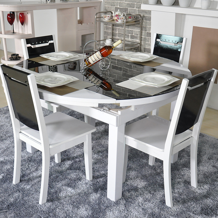 小户型圆桌多功能伸缩折叠餐桌冰花钢化玻璃 餐台实木餐桌椅组合
