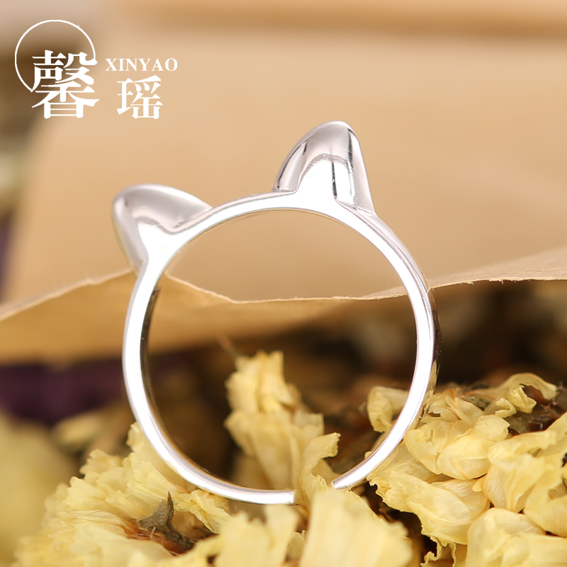 馨瑶s925银戒指日韩国男女情侣可调节开口设计猫咪耳朵食指环饰品