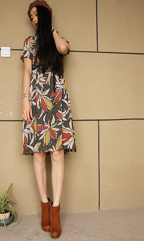 古着vintage复古精品日本产玉米印花短袖连衣裙
