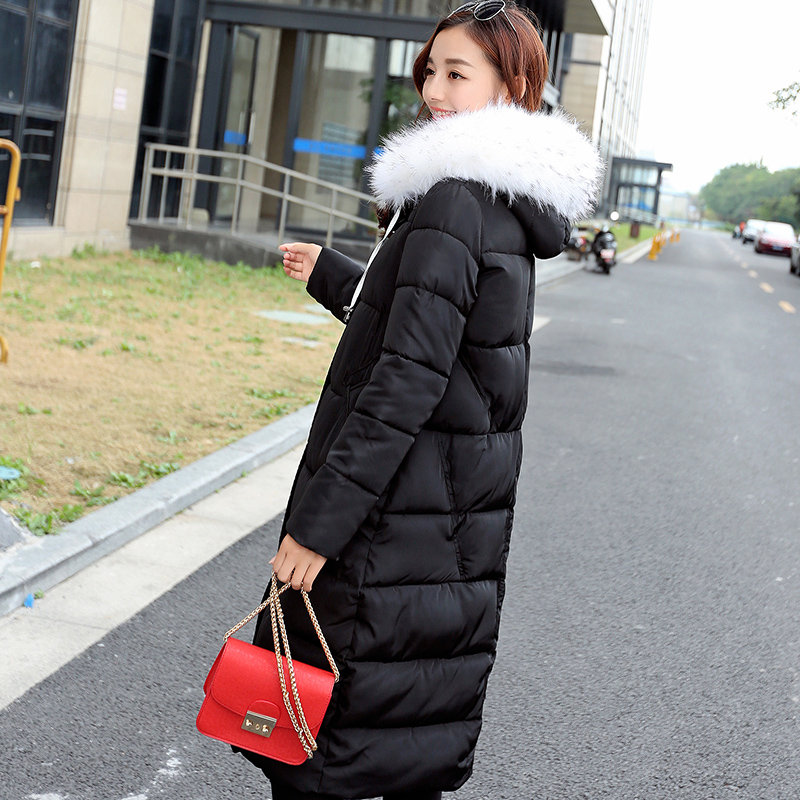 韩国东大门2015冬季中长款纯色连帽加厚保暖棉衣修身大毛领外套女