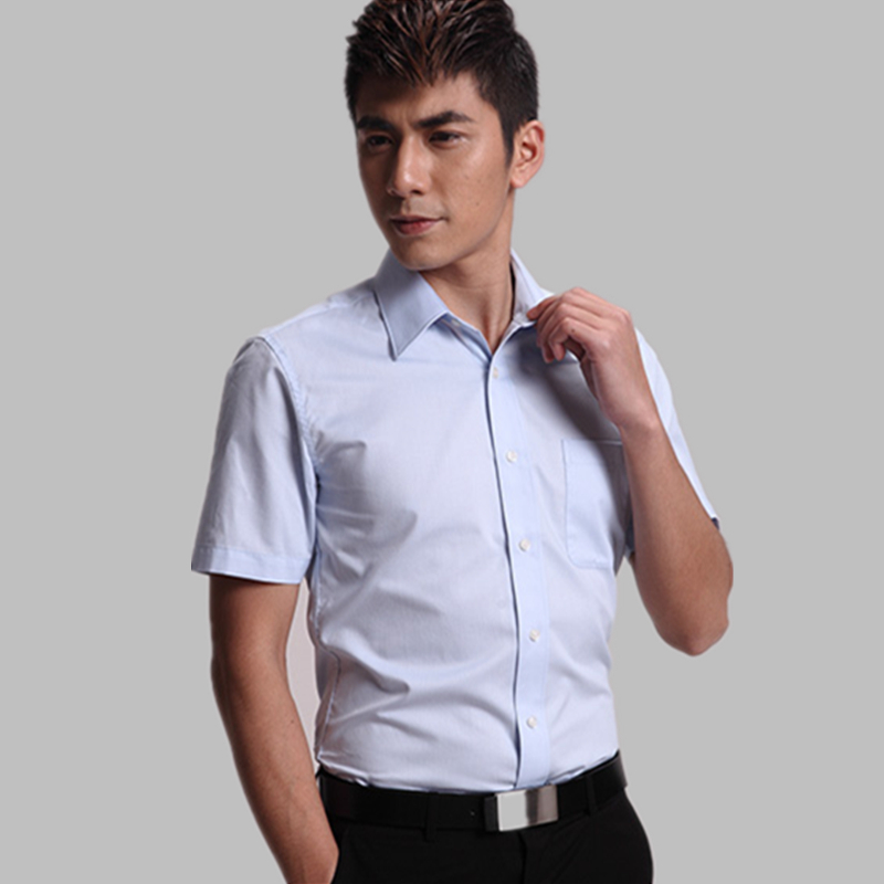 男装短袖衬衫商务休闲韩版修身防皱斜纹正职业浅蓝色衬衣