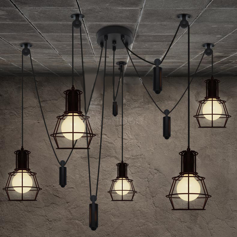 设计师餐厅客厅吊灯美式乡村简约现代灯具创意升降复古小铁笼吊灯