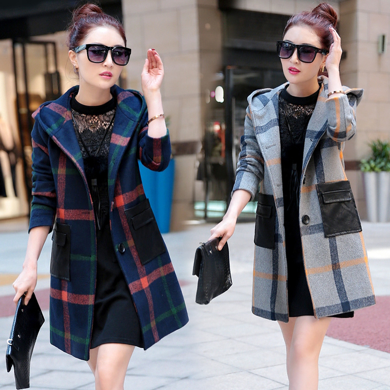 2015韩版秋冬装新款女士加厚中长款连帽格子毛呢外套呢子大衣