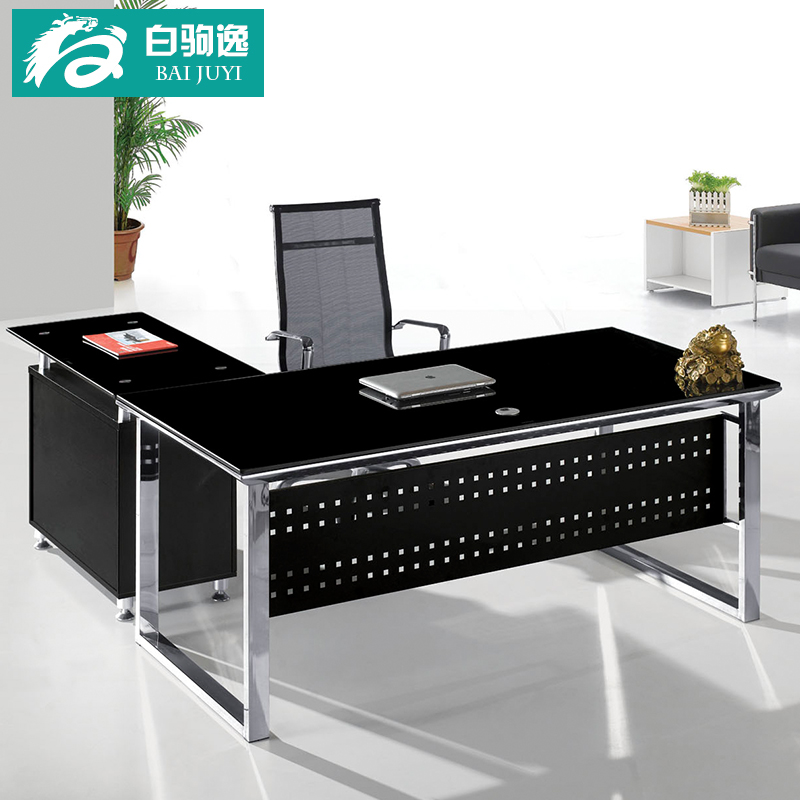 不锈钢办公家具 1.8米老板桌办公桌钢化玻璃面简单经理主管桌定做
