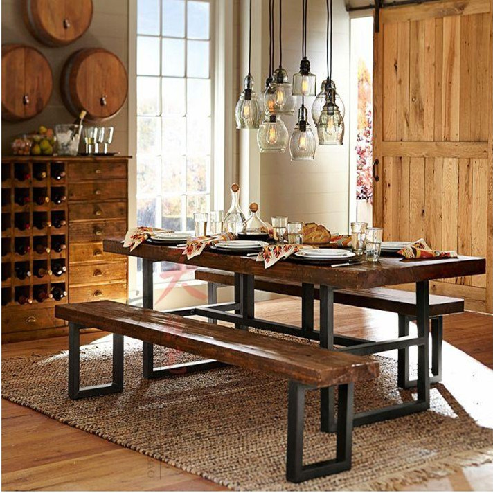 美式乡村复古铁艺实木餐桌 长方形办公桌 酒吧仿古桌 餐桌椅组合