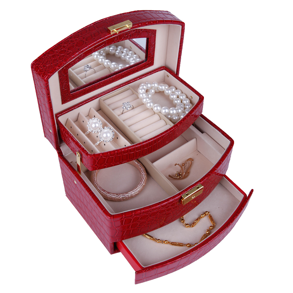 欧式皮革饰品盒鳄鱼纹创意化妆首饰盒珠宝饰品木质带锁首饰收纳盒