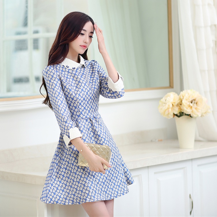 2015秋季时尚新款韩版中袖修身提花显瘦气质连衣裙女潮