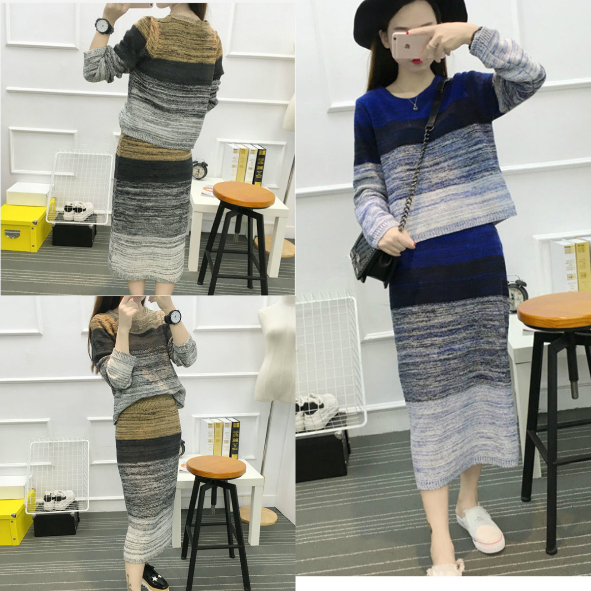 韩版女装春季150cm显高矮个子小码XS加小号针织毛衣半身长裙套装