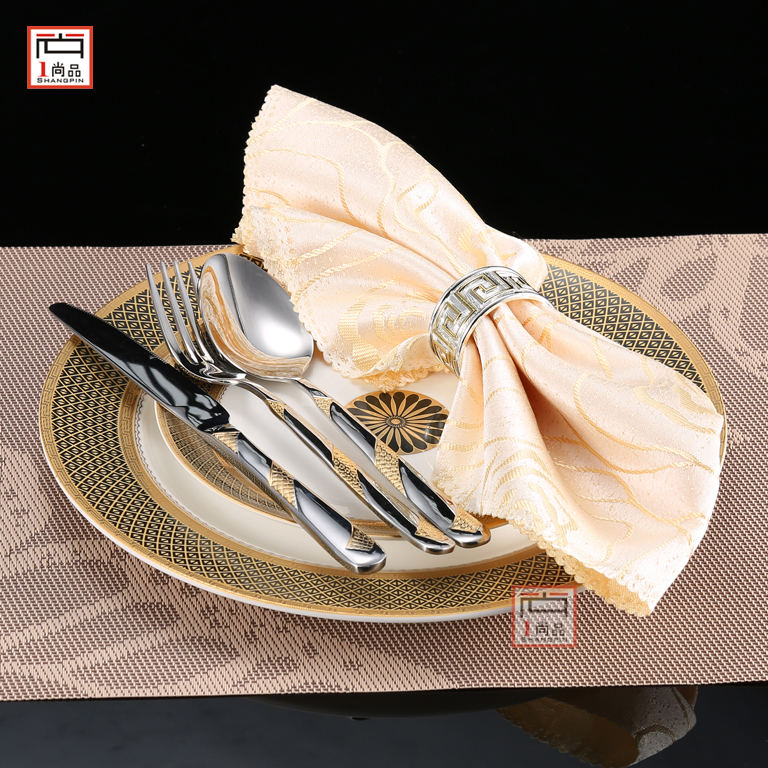 西餐具包邮欧式现代陶瓷金色花纹牛排盘西餐盘盘子餐巾刀叉勺套装